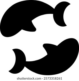 Two black fish silhouettes arranged in a circular pattern, heads pointing in opposite directions, symbolizing the astrological sign Pisces. The design represents duality and fluidity.