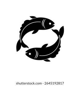 Two black fish silhouettes form a circular shape against a white background. The style is simple and graphic.