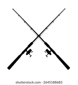Two black fishing rods are depicted in a crossed silhouette against a white background The image is a simple vector illustration with a minimalist style