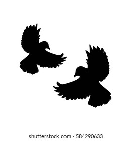 Two black  flying doves isolated on white background. Vector illustration. Flat Icon