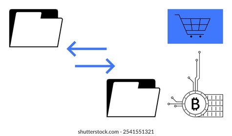 Two black folders with double blue arrows between them, a blue shopping cart icon at the top right, and a Bitcoin symbol integrated with a network grid. Ideal for e-commerce, cryptocurrency, data