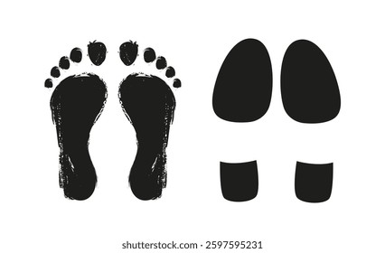 Two black footprint silhouettes on a white background. One set represents bare human feet with a textured effect, while the other shows simple shoe prints. Concept of contrast. Vector illustration