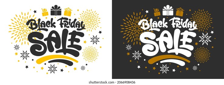 Zwei Black Friday Sale Vektorgrafik-Vorlage für Werbebanner, Poster, Flyer usw. Kalligrafieschrift auf schwarz-weißem Hintergrund. Feierliches Design mit lustigen Briefen, goldenem Dekor und Geschenkbox