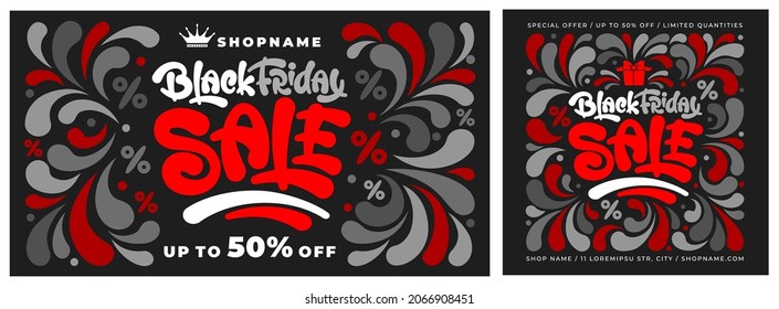 Two Black Friday Sale vector template for advertising banner, poster, flyer etc with calligraphy lettering in square and rectangle. Bright and festive design with funny letters and percentage signs