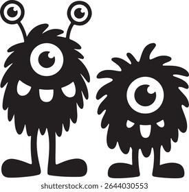 Dois monstros peludos pretos com olhos grandes e pés pequenos são representados em uma ilustração de estilo silhueta simples contra um fundo branco. O monstro maior tem antenas.