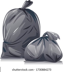 Two black garbage bags composition isolated on white, utilization of household waste, garbage bags ready to be taken to landfills