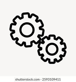 Two black gears icon on a light background. Gears symbolize machinery, engineeringa​​​​​​​, and teamwork. Simple gear design for technical concepts. User interface icon vector.