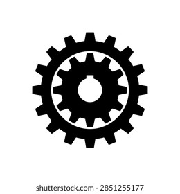 Two black gears are nested, creating a round void in the center. This is a graphic design element.