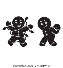 Two black gingerbread men, one with garland and the other holding a cookie.