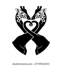 Two black giraffe silhouettes with intertwined necks forming a heart shape, symbolizing love and connection on a white background.