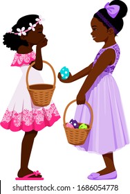 Two black girls sharing Easter baskets.