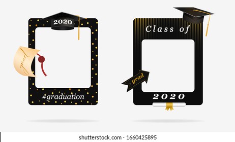 Two Black Graduation Frame For Party Photo Booth Props Vector Graphic Illustration. Congratulation Grad Quote With Cap For Grads With Empty Place For Photo Isolated On White Background