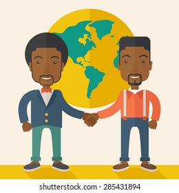 Un hombre negro felizmente se relaciona con su negocio internacional o global de corporaciones. Concepto de asociación. Un estilo contemporáneo con una paleta pastel y un fondo beige suave. Vector