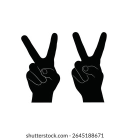 Dos siluetas de mano negras que forman signos de paz contra un fondo blanco ilustración gráfica de Vector simple