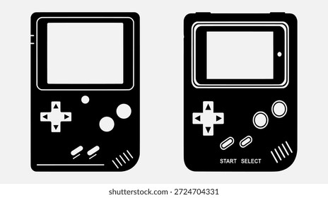 Zwei schwarze Handheld-Spielekonsolen mit weißen Bedienelementen und Bildschirmen, eine mit Start- und Auswahlknöpfen
