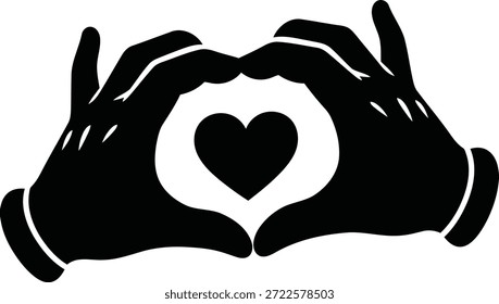 Duas mãos pretas formam uma forma de coração, envolvendo um ícone de coração preto contra um fundo branco. O gráfico é uma silhueta simples.