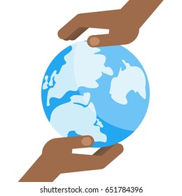 Two black hands hold a blue planet earth. Symbol of respect for nature and environment. Flat vector cartoon illustration. Objects isolated on a white background.