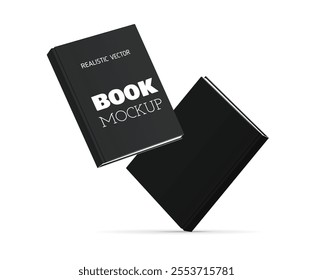 Two black hardcover books with the text 'Realistic Vector Book Mockup' on one cover, floating against a white background.