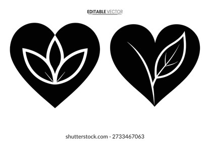 Dos Formas negras del corazón que contienen diseños blancos de la hoja y del tallo de una Ilustración vectorial simple