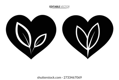 Dos Formas de corazón negro con diseños de hojas blancas una ilustración simétrica y botánica de alta calidad