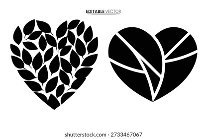 Two black heart shapes one filled with leaves and the other geometrically divided vector illustration