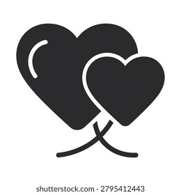 Two black heart shapes, one larger and one smaller, are intertwined with curved lines, symbolizing love, connection, and affection. This graphic illustration represents romance and devotion.