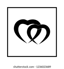 Two black heart in square on white background sign. Symbol linked, join, love, passion and wedding. Template for t shirt, apparel, card, poster, valentine day. Design element. Vector illustration