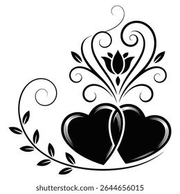 Two black hearts intertwined with a central black tulip and swirling floral elements leaves and branches on a white background. The style is black and white vintage.