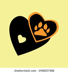 two black hearts, one with an orange tiger paw print on a light background