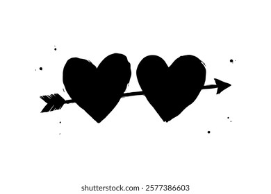 Two black hearts pierced by an arrow, presented in a grunge artistic style on a plain white background, symbolizing love. Valentine's day illustration.