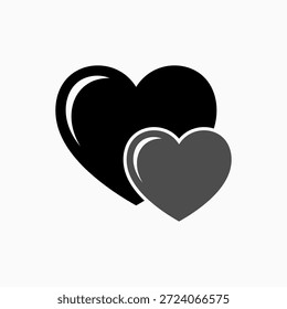 Zwei schwarze Herzen Symbol auf weißem Hintergrund für Liebe, Romantik und Zusammengehörigkeit. Einfaches Grafiksymbol.