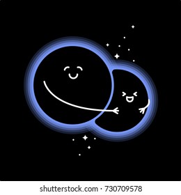 Two black holes merging illustration. Funny cartoon smile black holes icon.