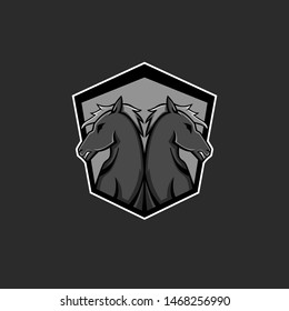 Two black horse mascot logo. Twin dark horses. Horse e-sport logo. Horse badge logo