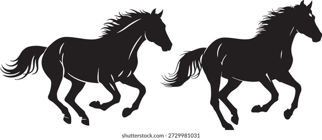 Dois cavalos pretos correm juntos em uma ilustração de silhueta dinâmica com crinas fluindo e caudas em um fundo branco, transmitindo liberdade e elegância em um design simples, mas poderoso.