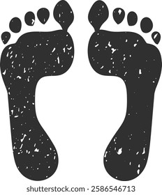 Two black human footprints with toes pointing forward are visible on a white background, creating a simple yet evocative image of human presence