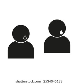 Dos iconos humanos negros con lágrimas, que simbolizan emociones como la tristeza o el llanto. Diseño minimalista simple.