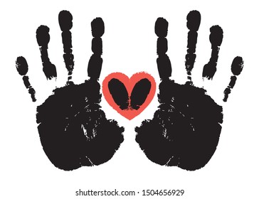 Two black human palm prints with a heart around the thumbprint as a symbol of love, friendship, family, romance, loyalty, communication, support,