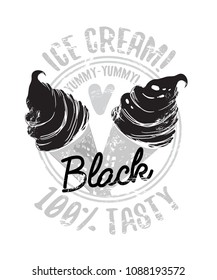Two Black Ice Cream Grunge Textured Shop Stump for Poster Design. Grey Waffle Cone. Round Shape Emblem with Heart and Lettering. Isolated Vector Illustration