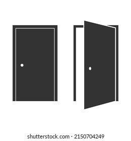 Two black icons doors, open and closed on a white background.