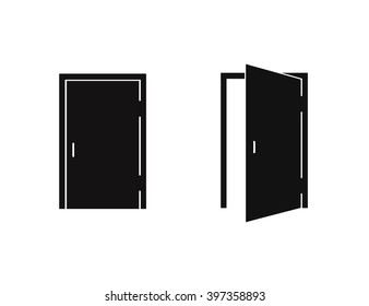 two black icons doors, open and closed on a white background