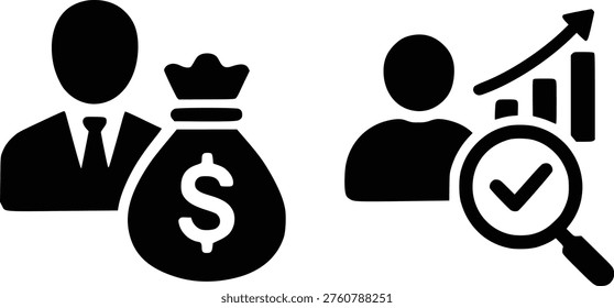 Two black icons representing business concepts: a businessman with a money bag and a person analyzing data with a magnifying glass.