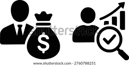 Two black icons representing business concepts: a businessman with a money bag and a person analyzing data with a magnifying glass.