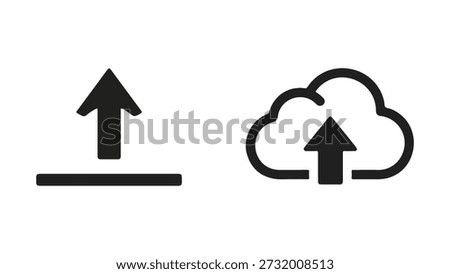 Two black icons symbolizing upload are presented against a white background. The icon on the left features a bold, upward-pointing arrow situated above a horizontal line, representing a general upload action. The icon on the right depicts a stylized cloud outline with an upward-pointing arrow inside it, signifying cloud upload or data transfer to the cloud.