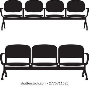 Two black icons of waiting room benches with four seats. Public places, seating, appointment, queue concept.