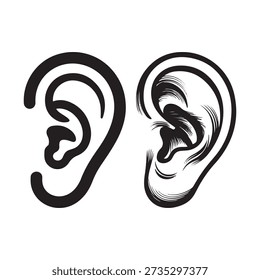 Two black ink drawn human ears one smooth one textured hearing sound listening