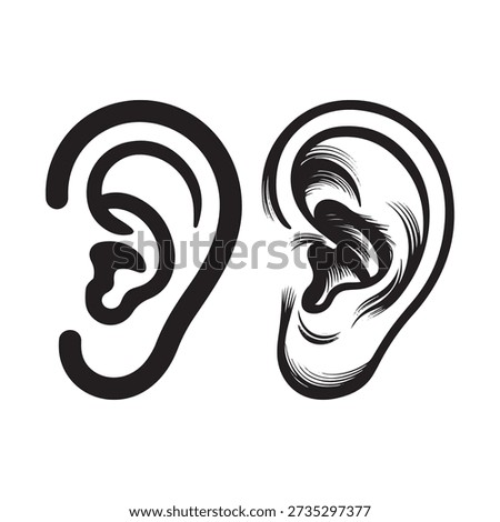 Two black ink drawn human ears one smooth one textured hearing sound listening