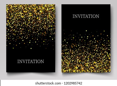 
Two black invitations backgrounds with bright gold glitter particles. Vector Abstract background