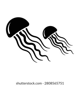 Two black jellyfish swimming in ocean water, simple illustration