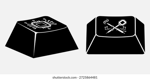Two black keyboard keys with white symbols, one with a bug and the other with crossed swords