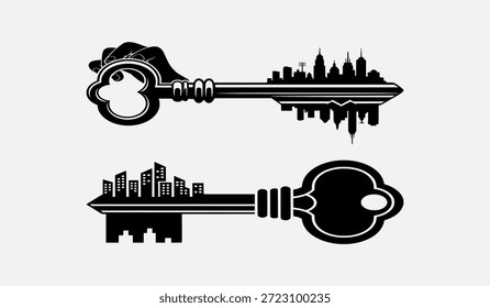 Dos llaves negras con horizontes de la ciudad en sus hojas, que simbolizan el acceso o la propiedad urbana.